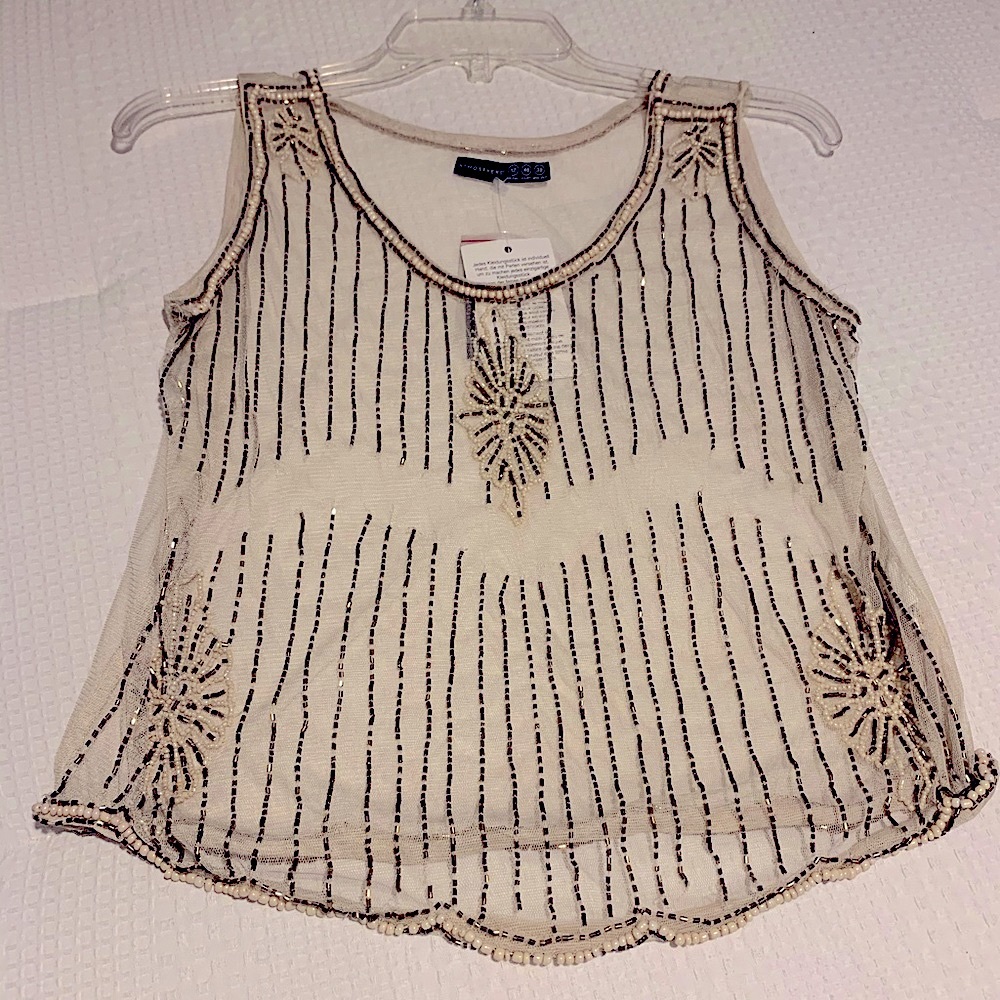 Apostrophe sheer gold beaded top NWT